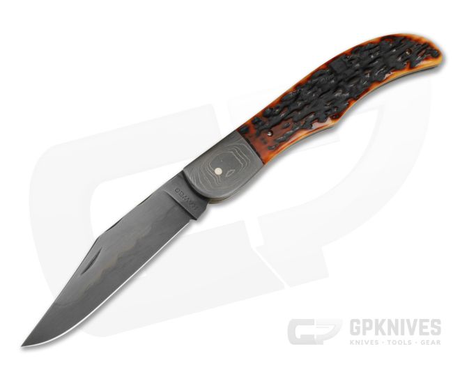 Chuck Hawes Custom Folding Hunter Amber Stag Jigged Bone W2 Hamon - CU-5297