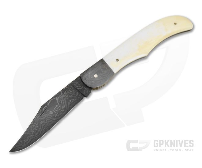 Chuck Hawes Custom Folding Hunter Smooth White Bone Damascus - CU-5298