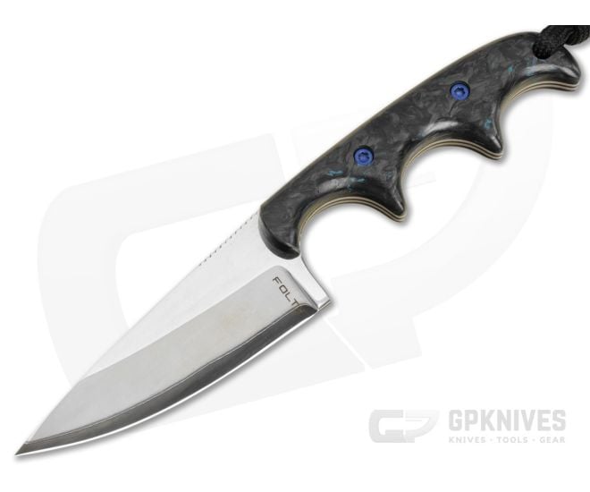 Alan Folts Custom Minimalist Modified Drop Point Blue FatCarbon Polished Hitachi Blue San Mai EDC Fixed Blade Knife (2.72") - CU-5317
