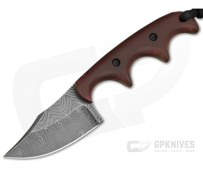 Alan Folts Custom Minimalist Bowie Double Red Micarta Raindrop Pattern Carbon Damascus EDC Fixed Blade Knife (2.06") - CU-5327