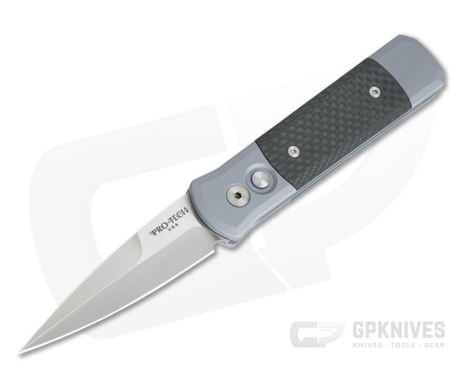 Protech Knives Godson Satin Blade Carbon Fiber Inlays Grey Handle Automatic Knife 700CF - PT-700CF