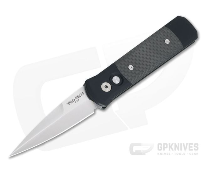 Protech Knives Godson Satin Plain Edge Carbon Fiber Inlays Black Automatic Knife 704 - PT-704