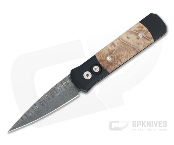 Protech Custom LTD Godson Automatic Nichols Damascus Maple Burl Inlaid Folder 706-DAMA-01 - PT-706-DAMA-01