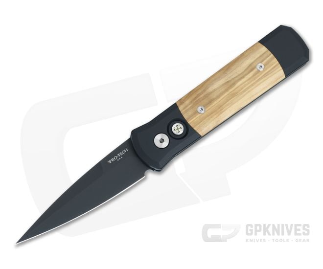 Protech Godson Olive Wood Inlays Black Automatic Knife 707-OLIVE - PT-707-OLIVE