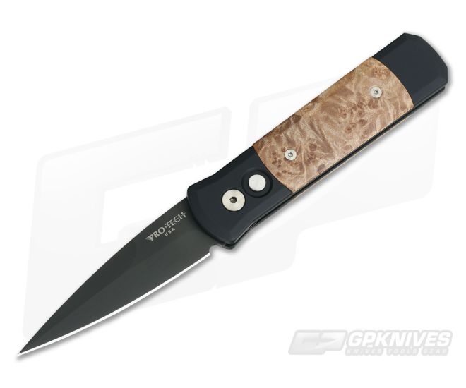 Protech Knives Godson Black Plain Edge Maple Burl Inlays 707 - PT-707