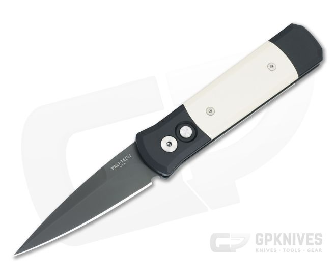 Protech Knives Godson Tuxedo Black Plain Edge Ivory Micarta Inlays 752 - PT-752