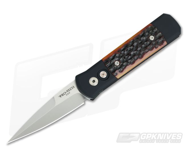 Protech Knives Godson Satin Plain Edge Amber Jigged Bone Inlays 761 - PT-761