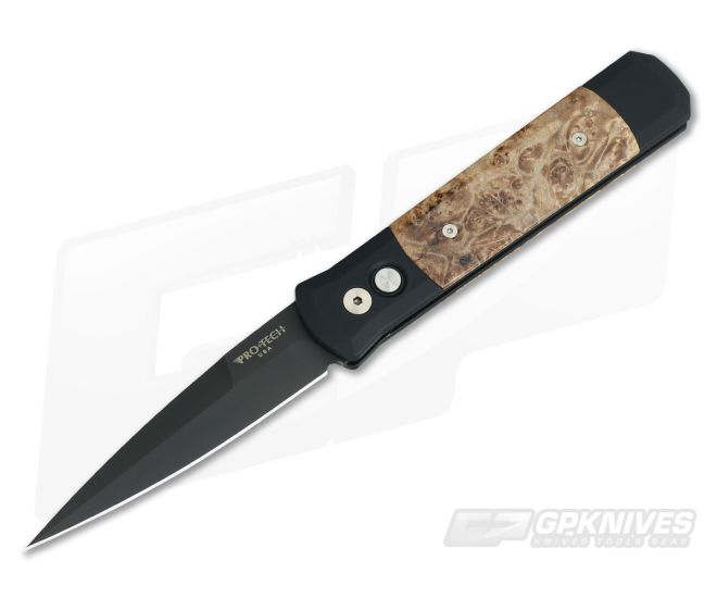Protech Knives Godfather Black Plain Edge Maple Burl Inlays 907 - PT-907