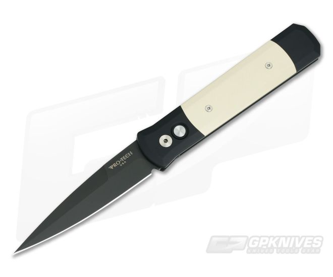Protech Knives Godfather Black Plain Edge Tuxedo Ivory Micarta 952 - PT-952