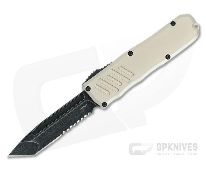 Guardian Tactical Recon-035 OTF Desert Tan Handle Dark Stonewash Serrated T/E Elmax Blade 97622 - GT-97622