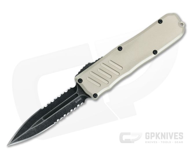 Guardian Tactical Recon-035 OTF Desert Tan Handle Dark Stonewash Serrated D/E Elmax Blade 97632 - GT-97632