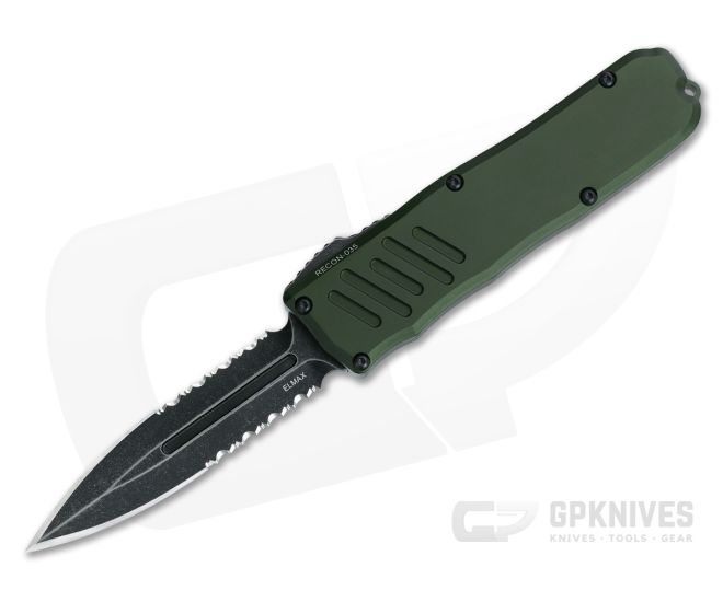 Guardian Tactical Recon-035 OTF OD Green Handle Dark Stonewash Serrated D/E Elmax Blade 98632 - GT-98632