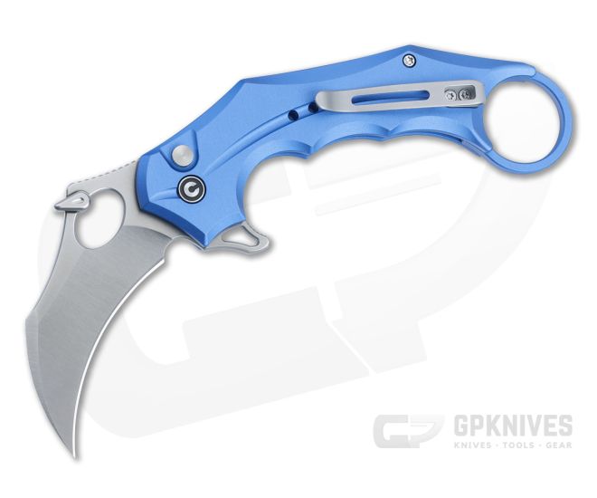 CIVIVI Incisor II Button Lock Karambit Blue Aluminum Handle Satin Nitro-V Hawkbill Blade C16016B-2 - CV-C16016B-2