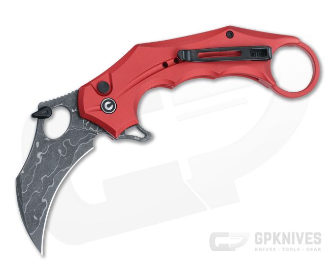 CIVIVI Incisor II Button Lock Karambit Red Aluminum Handle Damascus Hawkbill Blade C16016B-DS1 - CV-C16016B-DS1