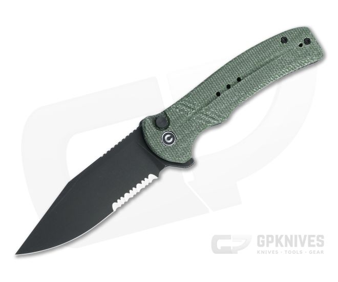 CIVIVI Cogent Button Lock Flipper Serrated Black Stonewashed 14C28N Green Micarta Folder C20038E-4 - CV-C20038E-4