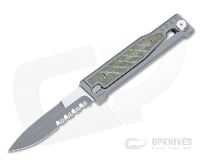 Reate EXO Exoskeleton Design Double Edge Serrated CPM 3V Green Micarta Manual OTF Knife - RK-EXO-DE-3V-SE-GM