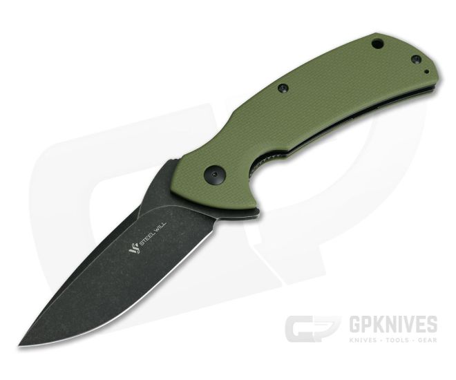 Steel Will Plague Doctor Black Stonewashed D2 Coarse OD Green G10 Flipper F16-33 - SW-F16-33