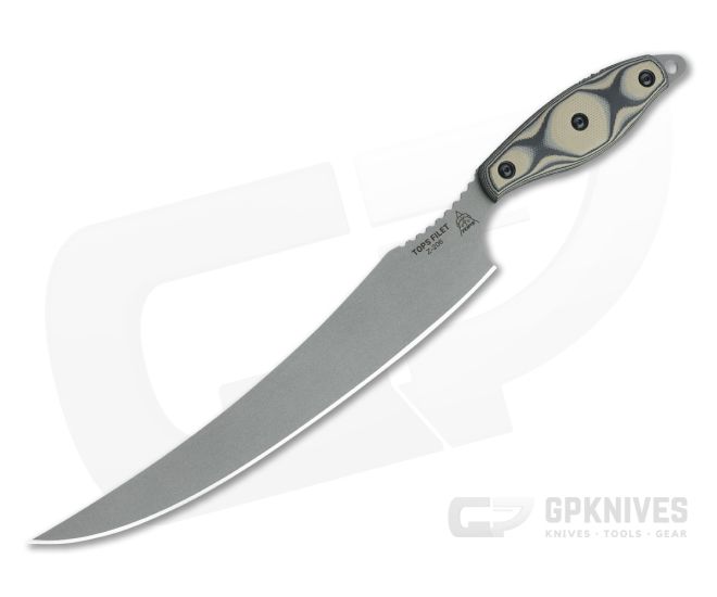 TOPS Knives Filet Knife Tumbled 154CM Tan/Black SureTouch G10 Fixed Blade - TP-FIL-01
