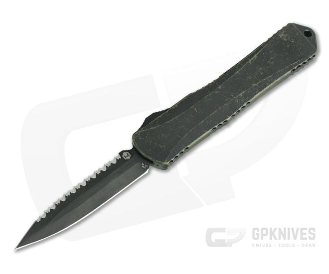 Heretic Knives Manticore-X Double Edge Tumbled DLC Full Serrated Breakthrough Green OTF Automatic H032-6C-BRKGR - HRT-H032-6C-BRKGR