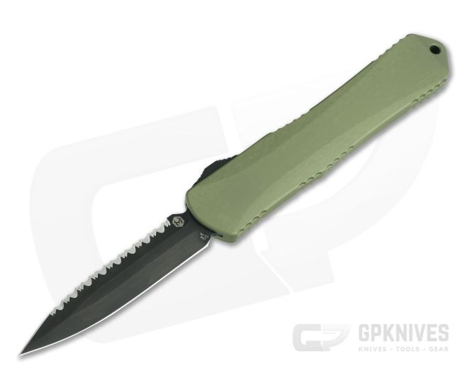 Heretic Knives Manticore-X Double Edge Tumbled DLC Full Serrated Green OTF Automatic H032-6C-GREEN - HRT-H032-6C-GREEN