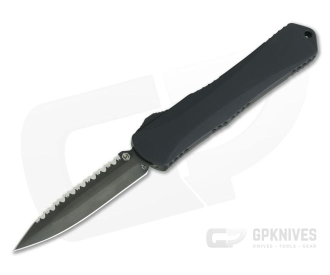 Heretic Knives Manticore-X Double Edge Tumbled DLC Full Serrated Tactical Black OTF Automatic H032-6C-T - HRT-H032-6C-T