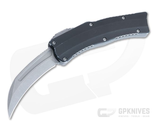Heretic Knives Roc BattleWorn MagnaCut Hawkbill BattleWorn Black Handle Curved OTF Automatic H060-5A-BATTLE - HRT-H060-5A-BATTLE