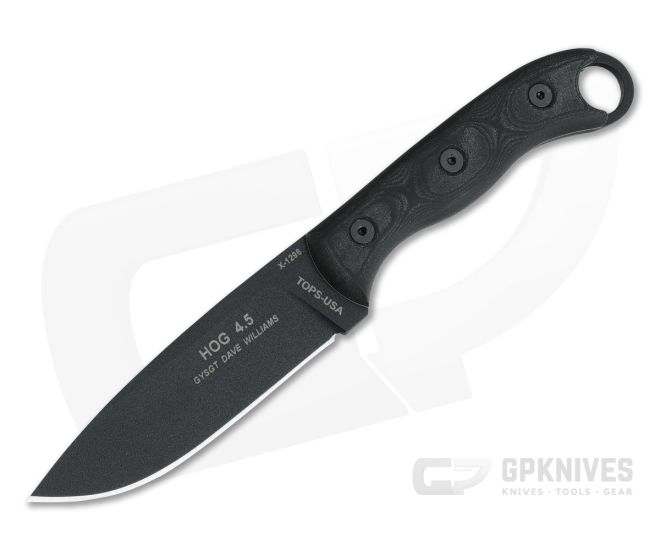TOPS Knives HOG 4.5 Black Micarta 1095 Leather Sheath HOG-45 - TP-HOG45