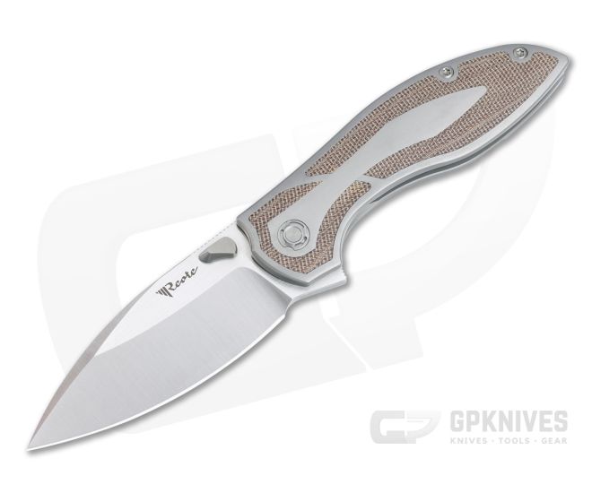 Reate Knives IRON-X Flipper Satin M390 Brown Canvas Micarta Inlaid Titanium Folder - RK-IRON-X-BM