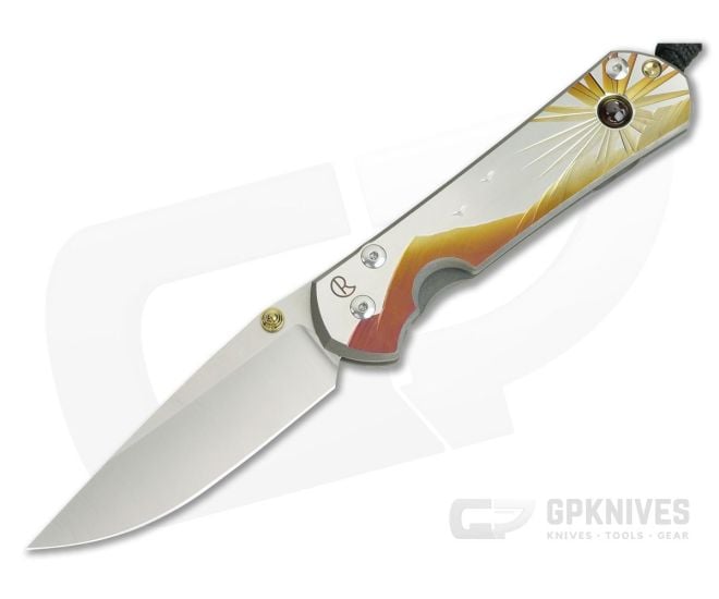 Chris Reeve Large Sebenza 31 Unique Graphic Morning Sun w/ Almandine Cabochon Drop Point - CRK-L31-1408-001