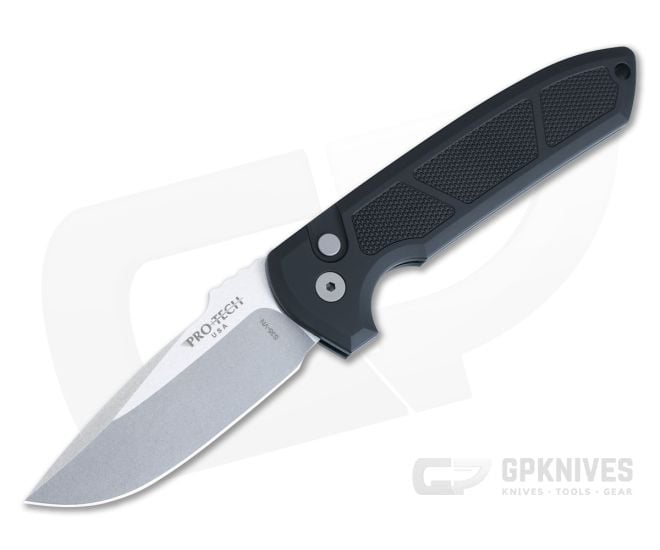Protech Rockeye Automatic Knurled Black Aluminum Handle Stonewashed S35VN Drop Point LG305 - PT-LG305