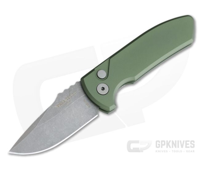 Protech Knives Les George SBR Acid Wash Blade Smooth Green Aluminum Handle LG411 - PT-LG411-AW-GREEN