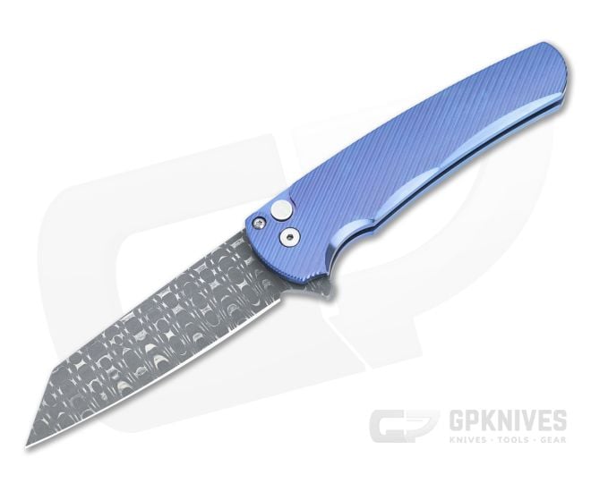Protech Malibu Custom Flipper 3D Machined Blue Titanium Razorwire Damascus Reverse Tanto Blade 2023-MALIBU-008 - PT-2023-MALIBU-008