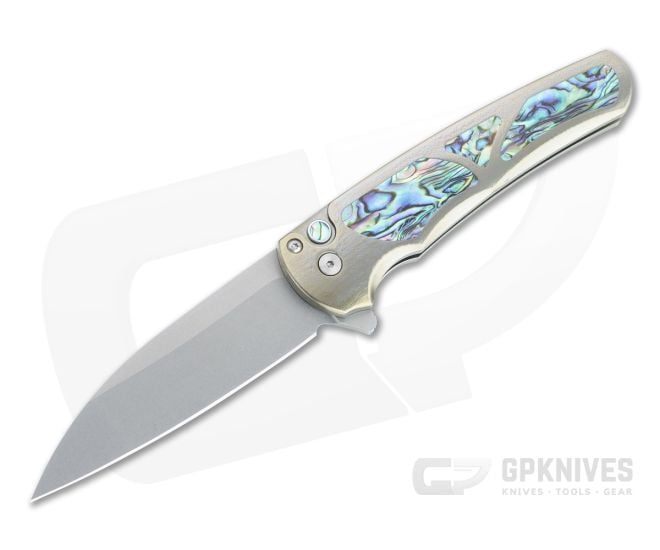 Protech Malibu Custom Wharncliffe Stonewashed 20CV Abalone Inlaid Bronze 3D Titanium Flipper AB-02 - PT-MALIBU-AB-02