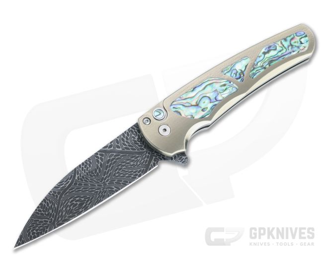 Protech Malibu Custom Wharncliffe Mosaic Damascus Abalone Inlaid Bronze 3D Titanium Flipper - PT-MALIBU-AB