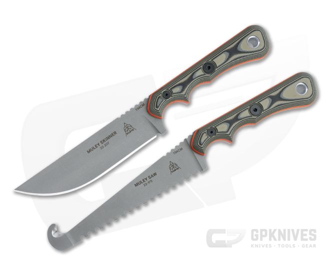 TOPS Knives Muley Combo Leather Sheath Tan Camo G10 Skinner and Saw Fixed Blades MCMB-01 - TP-MCMB-01