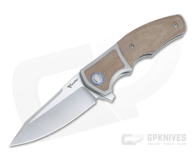 Reate x Lambert Mini Crossroads Satin M390 Brown Micarta Inlaid Titanium Flipper - RK-MCR-BRM