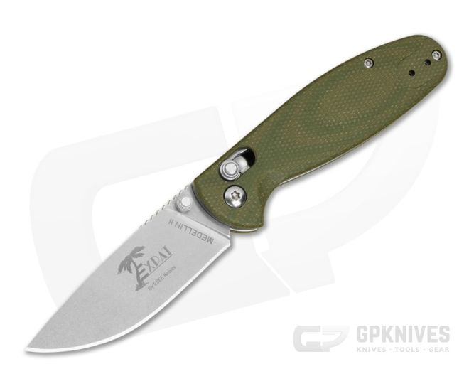 ESEE Medellin II S35VN Stonewashed Drop Point Crossbar Lock Olive Green Micarta Folding Knife (2.75") - ESEE-MEDELLIN-II