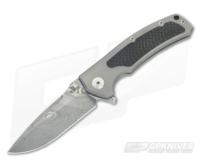 Reate Knives Mini Horizon-D Grey Titanium Carbon Fiber Damasteel Frame Lock Flipper - RK-MHD-11