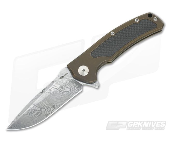 Reate Knives Mini Horizon-D Bronze Titanium Carbon Fiber Damasteel Frame Lock Flipper - RK-MHD-12