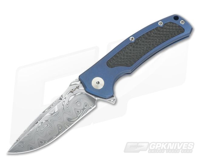 Reate Knives Mini Horizon-D Blue Titanium Carbon Fiber Damasteel Frame Lock Flipper - RK-MHD-13
