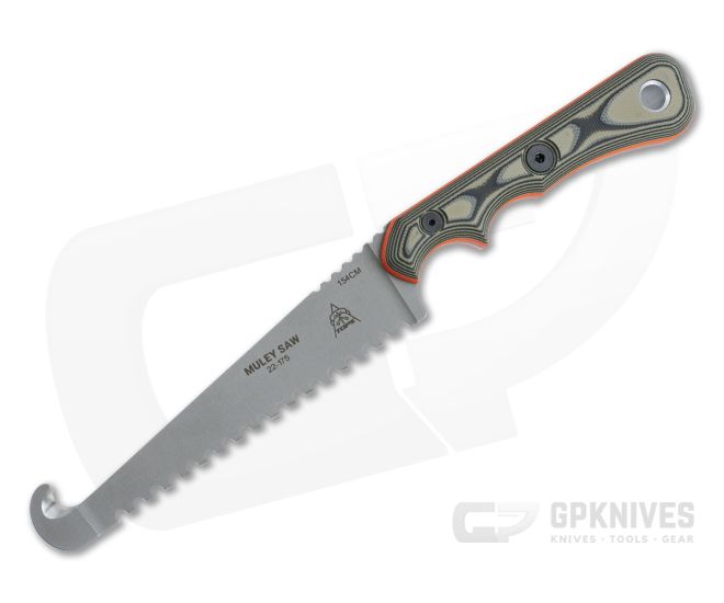 TOPS Knives Muley Saw and Gut Hook Stonewashed 154CM Tan Camo G10 Fixed Blade MSAW-01 - TP-MSAW-01