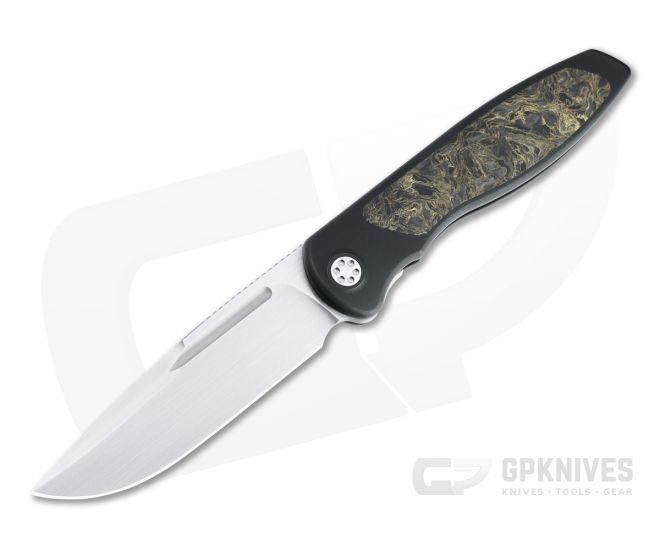 Sharp By Design Mini Tempest Drop Point Satin M390 Gold Dark Matter FatCarbon PVD Front Flipper Knife - SBD-MTFF-04