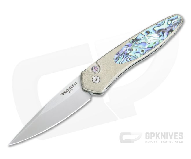 Protech Newport Custom Satin S35VN Bronze Orange Peel Abalone Inlaid Titanium Automatic NP-A-01 - PT-NP-A-01