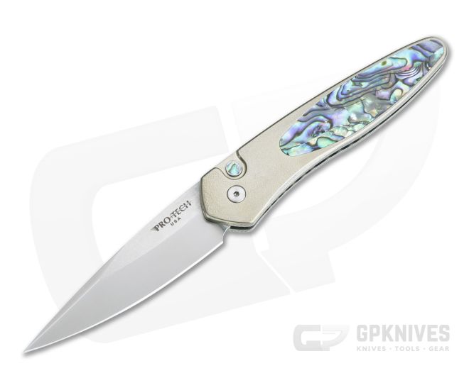 Protech Newport Custom Satin S35VN Bronze Orange Peel Abalone Inlaid Titanium Automatic NP-A - PT-NP-A
