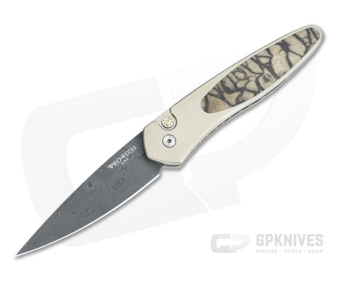 Protech Newport Custom Nichols Damascus Two-Tone Bronze Tiger Coral Inlaid Titanium Automatic NP-C-01 - PT-NP-C-01