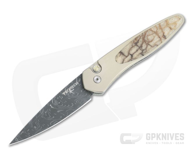 Protech Newport Custom Nichols Damascus Two-Tone Bronze Tiger Coral Inlaid Titanium Automatic NP-C - PT-NP-C