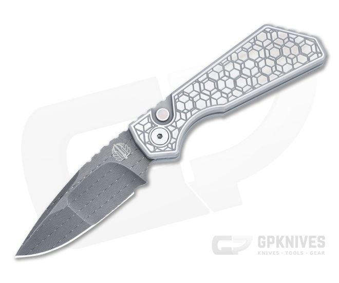 Protech PT Plus Custom Auto Steel Gridlock Handles Mike Irie Compound Ground Damascus Drop Point PT-2023-003-017 - PT-PT-2023-003-017