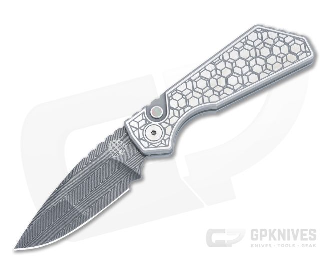 Protech PT Plus Custom Auto Steel Gridlock Handles Mike Irie Compound Ground Damascus Drop Point PT-2023-003-018 - PT-PT-2023-003-018