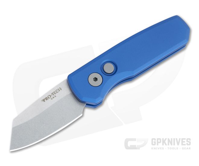 Protech Runt 5 Reverse Tanto Stonewashed 20CV Smooth Blue Aluminum Automatic R5201 - PT-R5201-BLUE