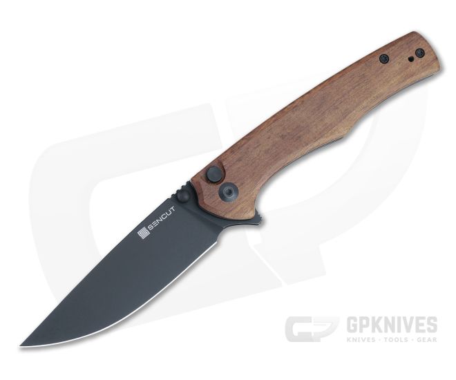 Sencut Crowley Button Lock Flipper Guibourtia Wood Handles Black Stonewash D2 Drop Point Blade S21012-5 - SC-S21012-5
